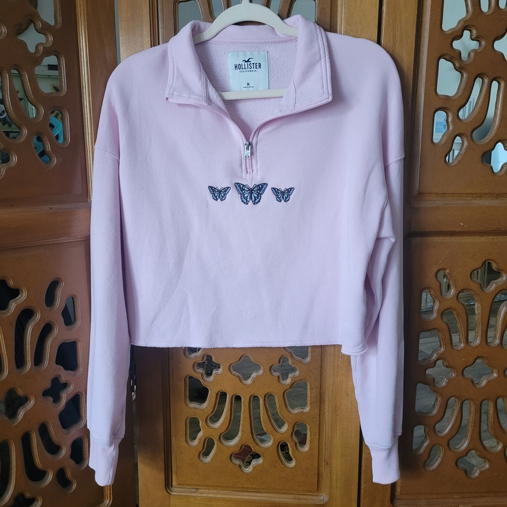Hollister Embroidered Butterfly Quarter Zip Up Sweatshirt Size Medium Crop Y2K